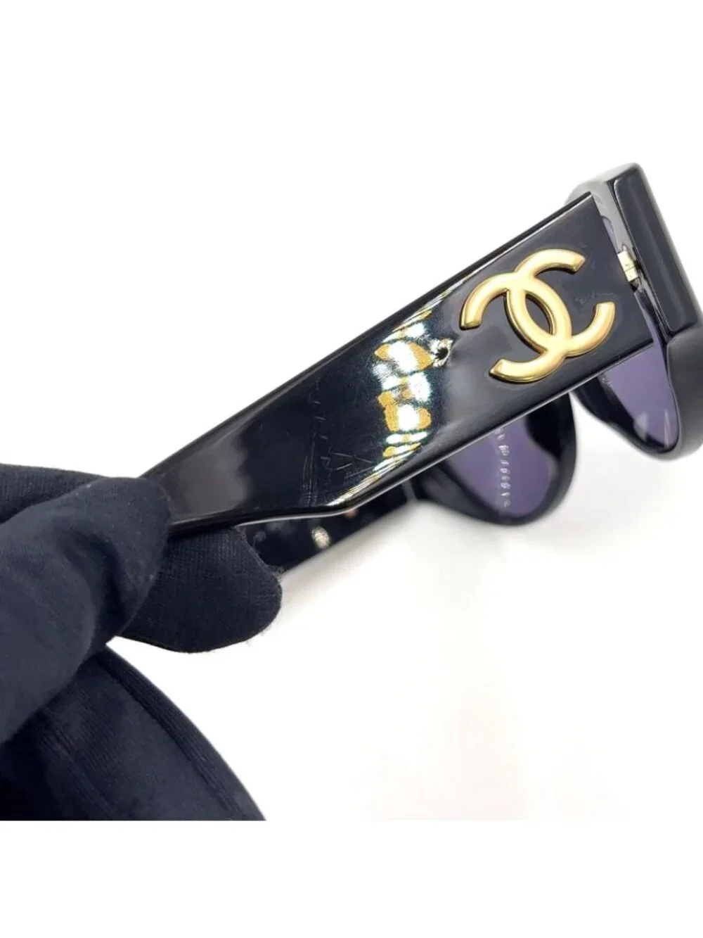 Chanel CC Logo Oval Acetate Gray Black Sunglasses Gold Eyewear